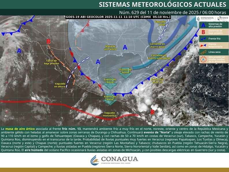 Masa de aire ártico asociada al frente frío núm. 13, mantendrá ambiente frío a muy frío en el norte, noreste, oriente y centro de la República Mexicana Masa de aire ártico asociada al frente frío núm. 13, mantendrá ambiente frío a muy frío en el norte, noreste, oriente y centro de la República Mexicana