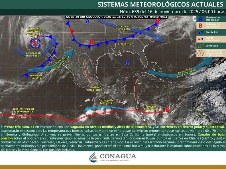 El frente frío núm. 14 se desplazará sobre el noroeste de México El frente frío núm. 14 se desplazará sobre el noroeste de México