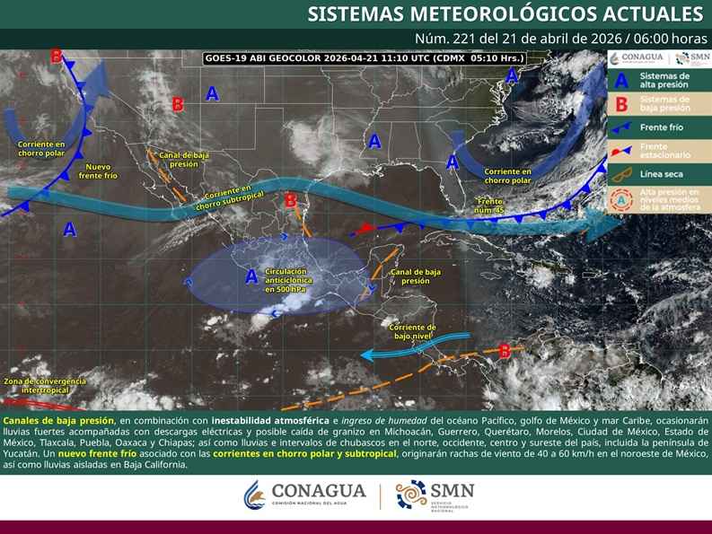 Se pronostican lluvias puntuales fuertes en zonas del occidente, centro, sur y sureste del país Se pronostican lluvias puntuales fuertes en zonas del occidente, centro, sur y sureste del país