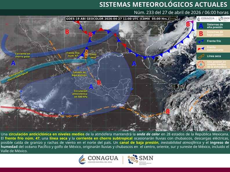 Para hoy lunes, continuará la onda de calor sobre gran parte de México, así como el frente frío núm. 47 sobre el norte del país Para hoy lunes, continuará la onda de calor sobre gran parte de México, así como el frente frío núm. 47 sobre el norte del país