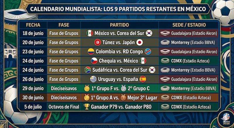 Los 9 partidos que le quedan a México por albergar en 2026 Los 9 partidos que le quedan a México por albergar en 2026