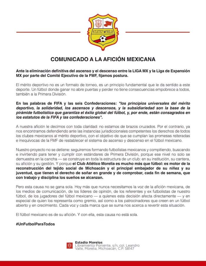 Atlético Morelia alza la voz contra la FMF: Llevará la eliminación del ascenso ante instancias legales Atlético Morelia alza la voz contra la FMF: Llevará la eliminación del ascenso ante instancias legales