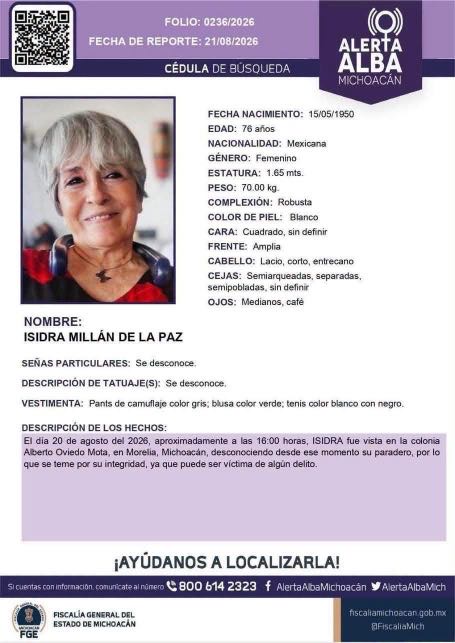 Continúa FGE búsqueda de mujer de 76 años, reportada como desaparecida en Morelia Continúa FGE búsqueda de mujer de 76 años, reportada como desaparecida en Morelia