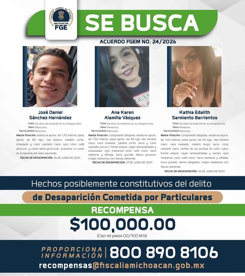 FGE ofrece recompensa de 100 mil pesos por información que permita localizar a tres personas desaparecidas FGE ofrece recompensa de 100 mil pesos por información que permita localizar a tres personas desaparecidas