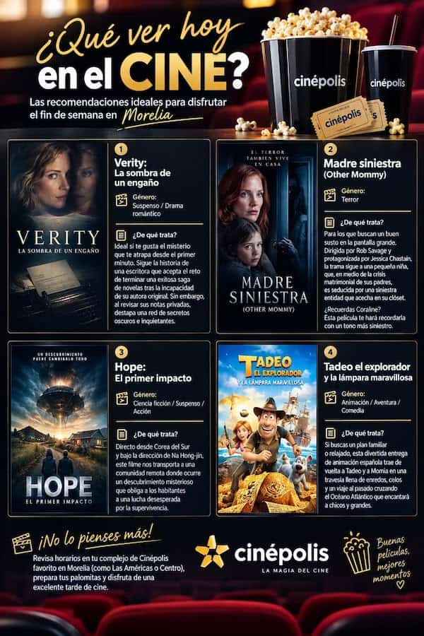 ¿Qué ver hoy en el cine? Las recomendaciones ideales para disfrutar el fin de semana en Morelia ¿Qué ver hoy en el cine? Las recomendaciones ideales para disfrutar el fin de semana en Morelia